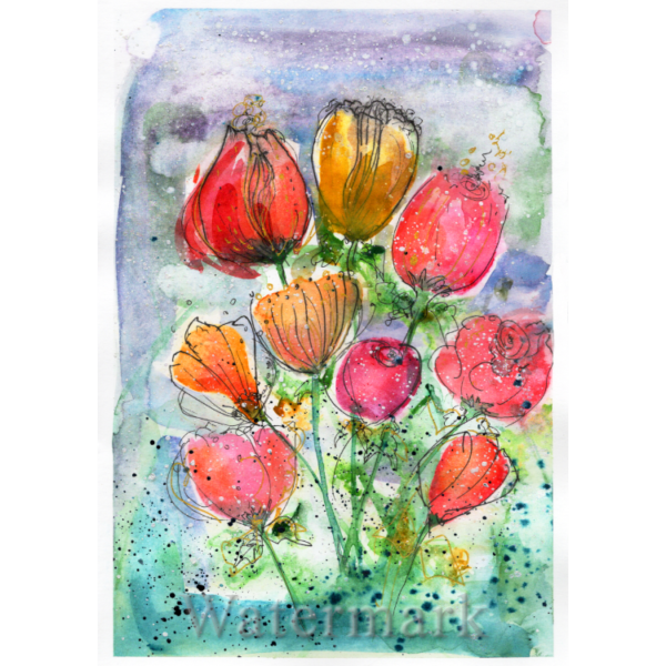 Flowers & Doodles #1 Hand Painted Original Watercolour on 6"x8" Cotton Paper