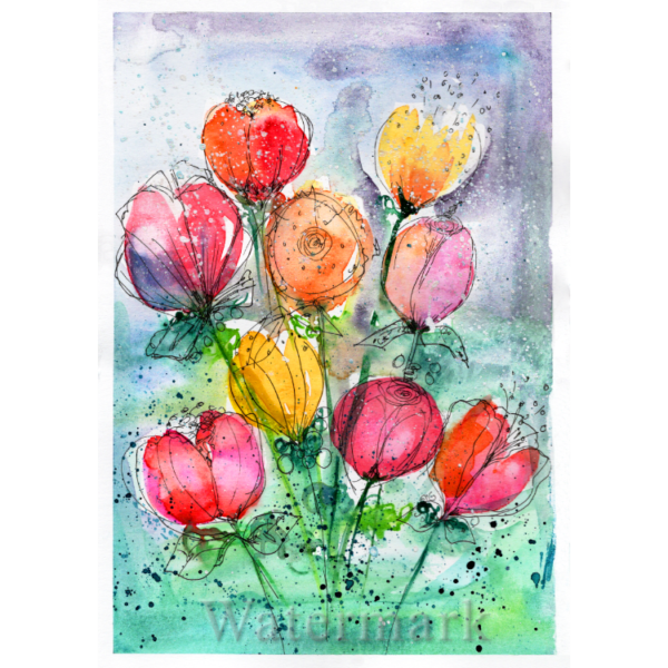 Flowers & Doodles #3 Hand Painted Original Watercolour on 6"x8" Cotton Paper