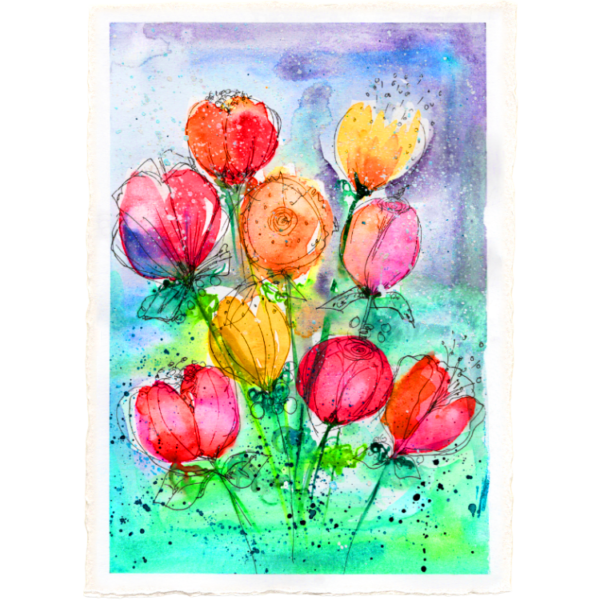 Flowers & Doodles #3 High Quality Print on 6"x8" Deckled Edge Watercolour Paper